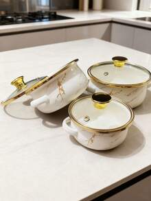 3pcs Enamel Vintage Pattern Enamel Soup Pot Set, Enamel Color Enamel Soup Pot, Mini Pot, Porridge Pot, Congee Pot, Milk Warmer Pot, Milk Pot, Small Round Pot, Double Handle Pot, Enamel Pot, Noodle Pot, Milk Pot, Enamel Lid Basin, Double Handle Soup Pot Set, Household Mini Small Soup Pot, No Coating Pot, Induction Cooktop And Gas Heating Universal - Three-piece Mini Pot Set - View 8