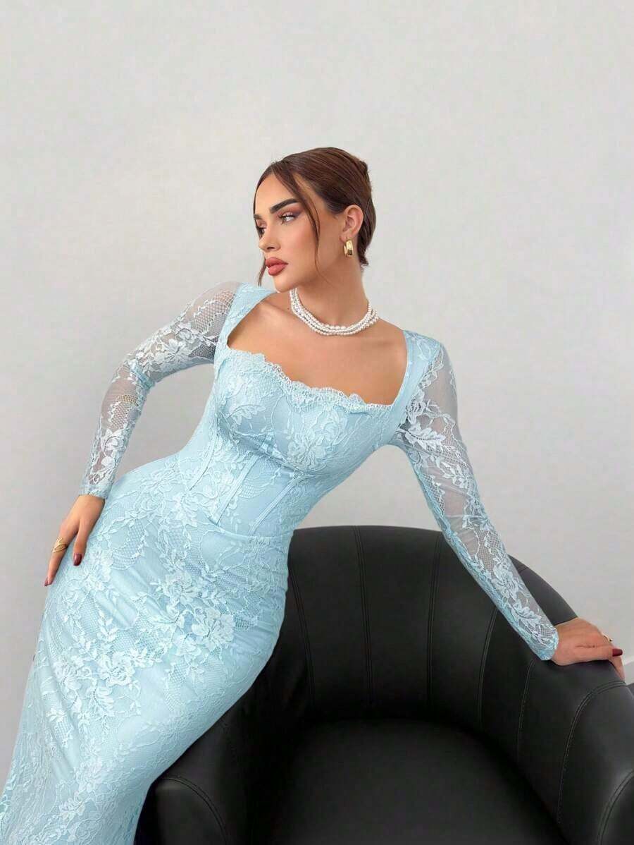 Vestido negro ajustado hasta el suelo con cuello corsé ahuecado y mangas largas con encaje en forma de S sexy para mujer para fiestas, citas y banquetes de otoño/invierno nuevo - Celeste - Ver 1