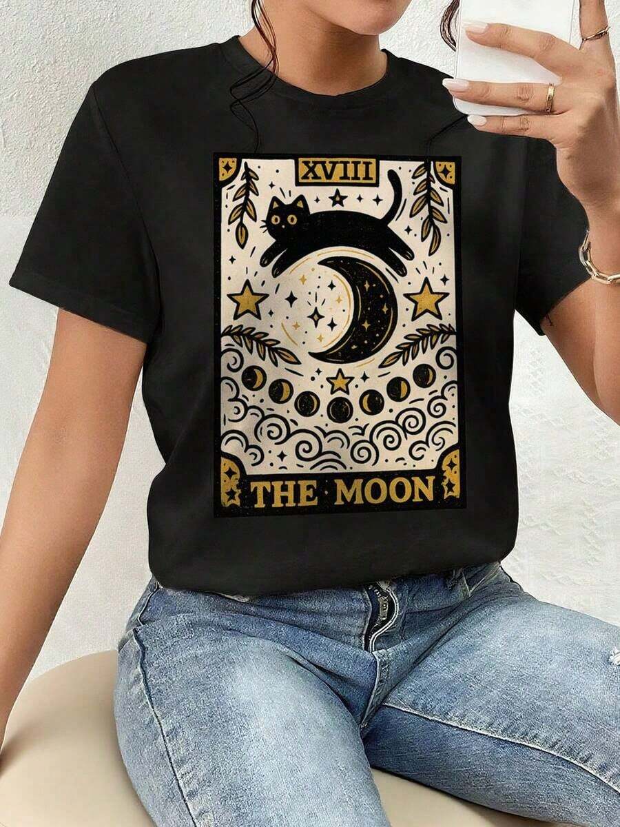 Offers And Women's T-Shirt, Halloween Aesthetic Cat - Graphic T-Shirt, Round Neck, Short Sleeve, Cat And Moon Print, Suitable For Spring And Summer Men's T-Shirt Tops Sweatshirts For Women Y2k T-Shirt Shirt - 黑色 - 查看 1