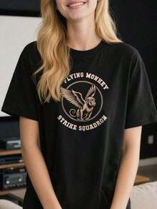 Funny-Team-Flying-Monkeys-Squadron-Wizard-Spooky--Camiseta de verano para mujer, Camisetas gráficas para mujer - Negro - Ver 3