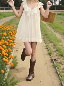 Womens Ruffle Hem Babydoll Dress - V Neck Sleeveless Open Back Loose A-Line Mini Sundress For Summer Outdoor Beach Party - 白色 - 查看 2