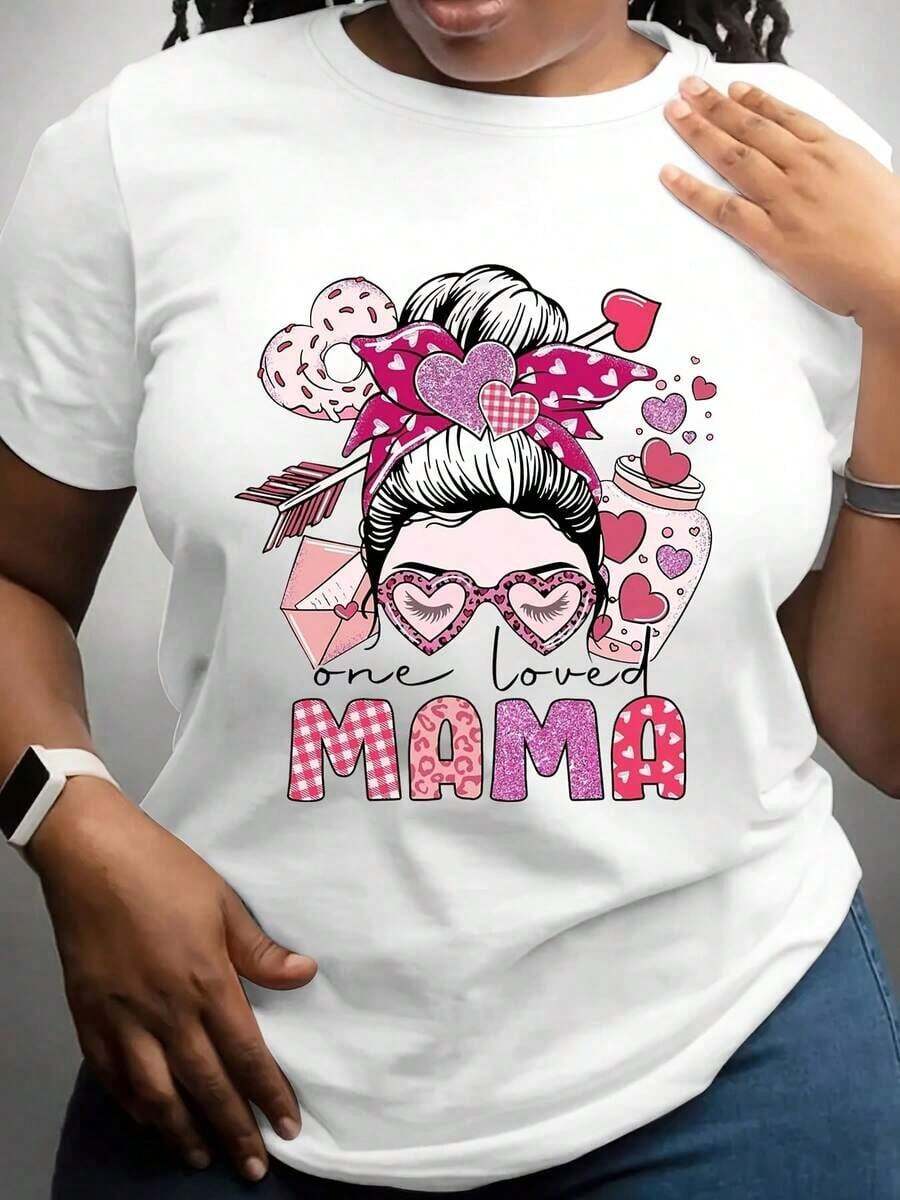 Camia de talla grande para mujer con un encantador diseño de "Mama" con gafas de corazón, lazo y motivos de amor, perfecta para el Día de la Madre o para uso diario.Estilo de cuello redondo, cómoda y versátil, lavable a máquina, adecuada para todas las estaciones.Transpirable y cómoda. - Blanco - Ver 1