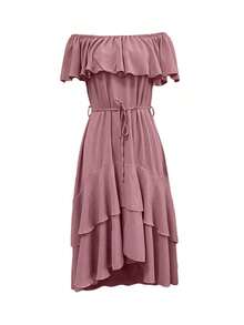 Vestido de verano para mujer con un solo hombro y mangas cortas asimétrico - Rosa Oxidada - Ver 4