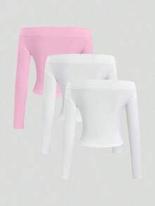Conjunto de 3 piezas para mujer: Blusa de manga larga hombros descubiertos, blusas cortas entalladas, cómodas y amigables con la piel, versátil y estilizador - Multicolor 8 - Ver 2