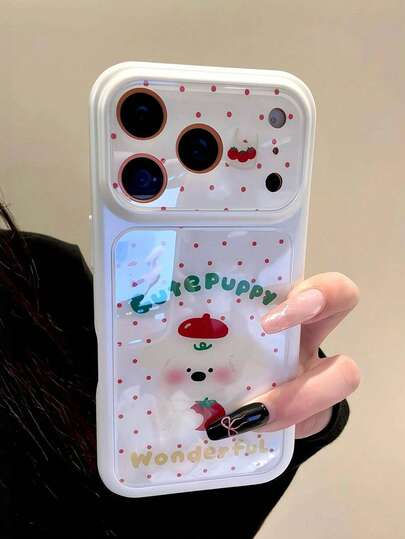 [17 Seconds Change] Cartoon Animal Puppy Red Polka Dot Phone Case, Large Window Design, Compatible With Apple 17 Pro Max/16/15/14/13/12/11, Full Coverage Glass Anti-Fall Protective Cover