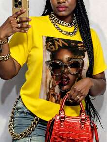 Women's Plus Size Street Style Graphic Print Round Neck Short Sleeve T-Shirt, Made Of Highly Elastic Fabric With Casual Style And Regular Fit, Summer Version - Yellow - View 4