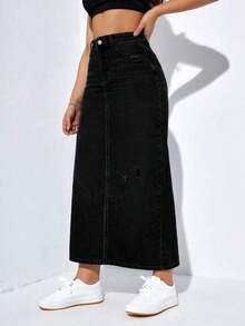 Falda larga de mezclilla desgastada para mujer - Negro - Ver 5