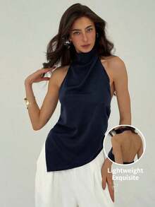 Blusa de mujer de unicolor con cuello halter, pliegues y bajo asimétrico - Azul marino - Ver 1