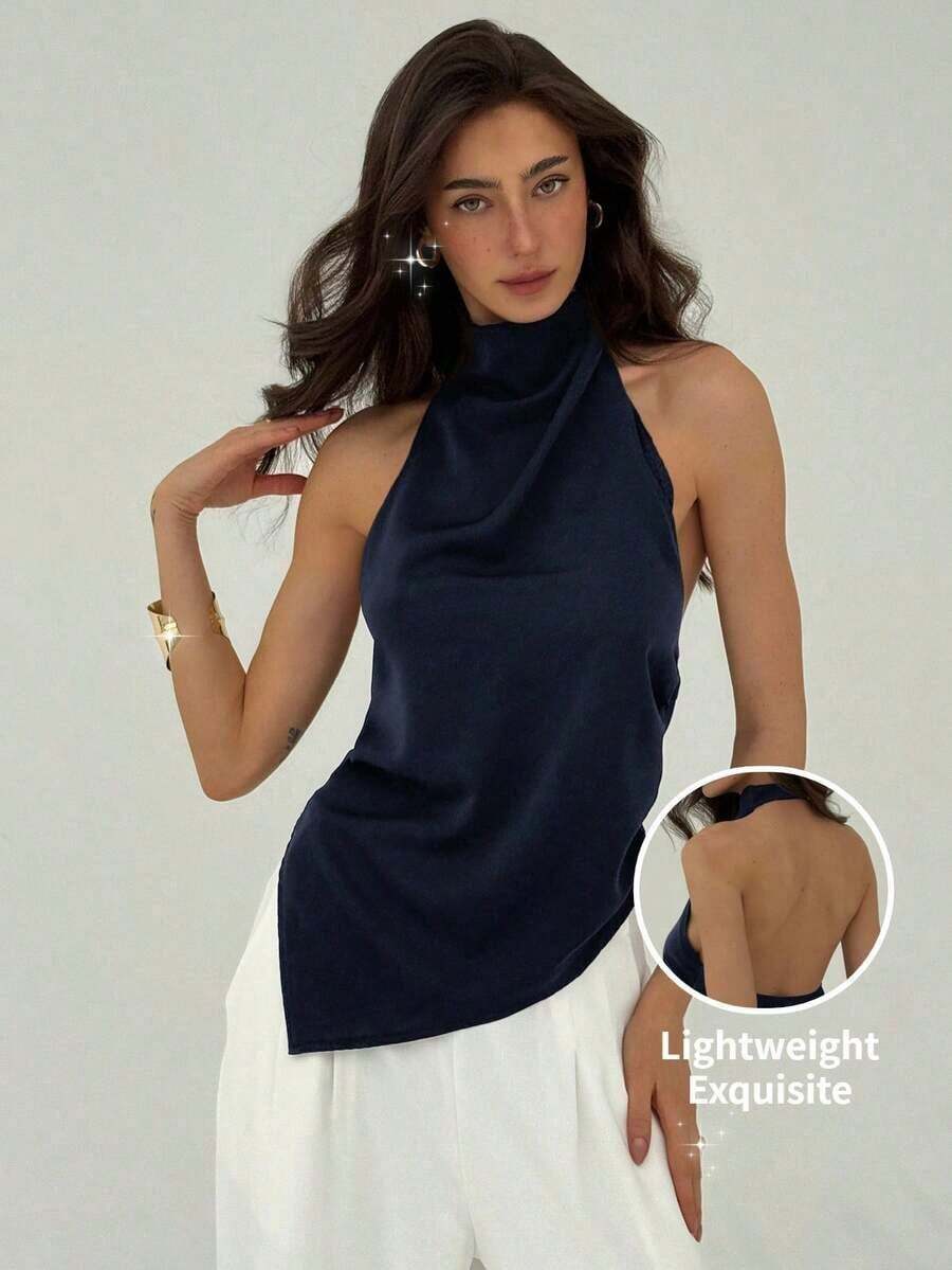 Blusa de mujer de unicolor con cuello halter, pliegues y bajo asimétrico - Azul marino - Ver 1