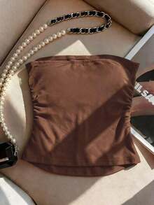 Nuevo top bandeau ajustado y sexy con adornos de strass, adecuado para uso diario, fiestas y citas - Marrón - Ver 2