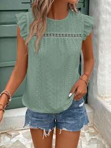 Frenchy Camiseta con cuello redondo y adorno de encaje con volantes y bordado de ojal - Verde 2 - Ver 5