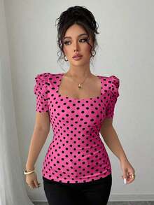 Camiseta casual de mujer, elegante y sexy, de manga corta, cuello joya, mangas abullonadas, puños fruncidos, estampado de lunares blancos y negros, silueta ajustada, adecuada para vacaciones - Multicolor 3 - Ver 4