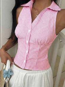 Camisa informal sin mangas con botones delanteros, de tejido negro, para verano - Rosa - Ver 1