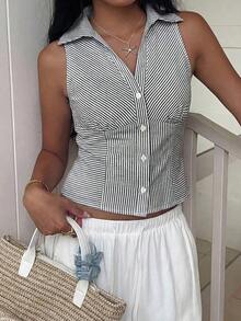 Camisa informal sin mangas con botones delanteros, de tejido negro, para verano - Blanco y Negro - Ver 3