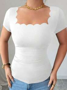 Nueva camiseta de mujer de manga corta con cuello cuadrado, dobladillo ondulado negro y fruncido lateral, versátil para el verano - Blanco - Ver 4
