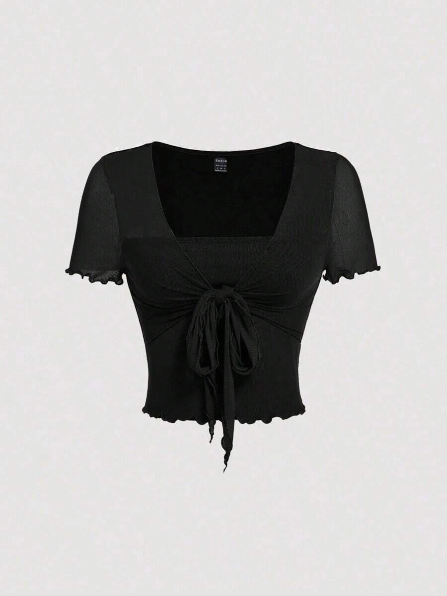 Camiseta verde vintage con dobladillo de lechuga y lazo delantero - Negro - Ver 1