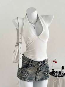 Moderno top sólido con diseño calado, cuello halter y escote en V para mujer - Blanco - Ver 1