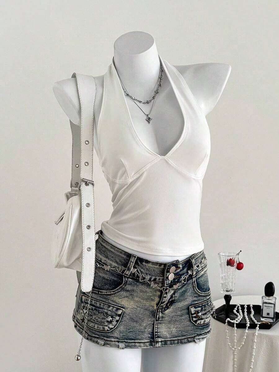 Moderno top sólido con diseño calado, cuello halter y escote en V para mujer - Blanco - Ver 1