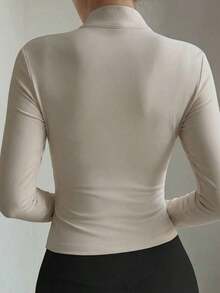 Camiseta de manga corta con cremallera, de unicolor y estilo minimalista casual para mujer - Albaricoque - Ver 2