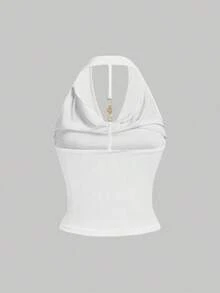 3 piezas Camiseta de mujer de unicolor con cuello drapeado de moda - Blanco - Ver 2