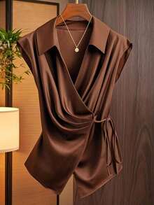 Camisa de mujer con estampado de flores silvestres, cuello, sin mangas, con lazo en la cintura - Café integral - Ver 7