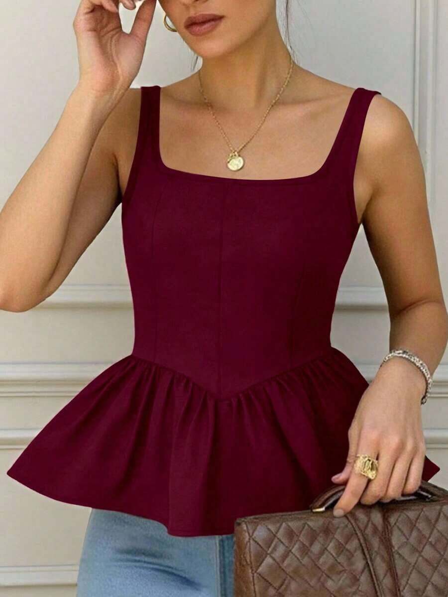 Camiseta de tirantes plisada marrón para mujer (elástico de 4 vías) - Burdeos - Ver 1