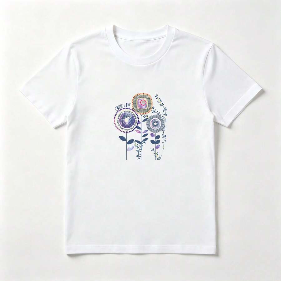 Camiseta Blanca Algodón Estampado Flores Coloridas - Diseño Boho Chic para Mujer - Blanco - Ver 1