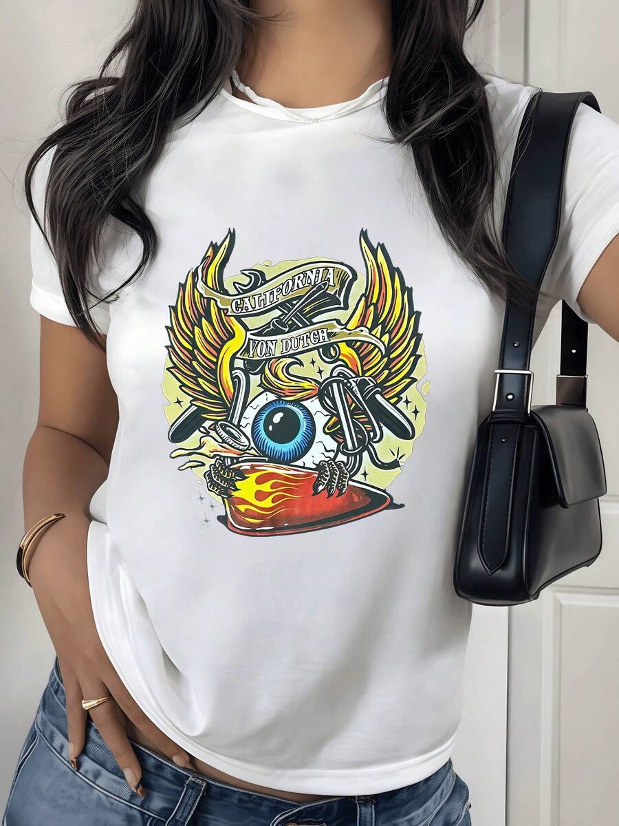 A Winged Blue Eye Surrounded By Bright Fire Symbolizes Freedom, Inner Vision, And The Energy That Drives Dreams. A Modern Women's T-Shirt With A Vibrant Print, Perfect For Casual, Stylish, And Comfortable Everyday Wear. - 白色 - 查看 1
