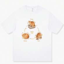 Camiseta de manga corta divertida con diseño de gato tridimensional [comiendo y durmiendo, gato naranja] para hombre y mujer, de algodón puro. - Blanco - Ver 6