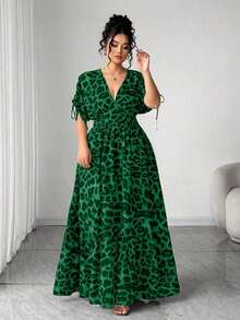 Elenzya Vestido maxi elegante de talla grande para mujer con cuello en V, estampado de leopardo, manga corta fruncida y falda acampanada - Verde Oscuro - Ver 5