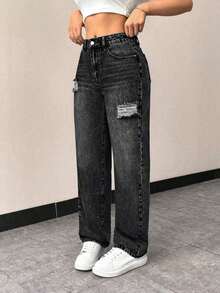 Jeans rectos de talle alto con bolsillos, ajustados y desgastados para mujer - Negro - Ver 4