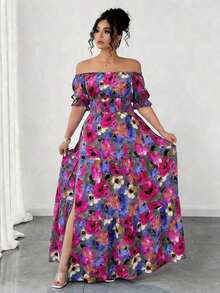 Vestido casual elegante de talla grande para mujer de primavera/verano, en azul sólido de aspecto de mezclilla con cintura fruncida y con abertura lateral - Rosa Fucsia - Ver 4