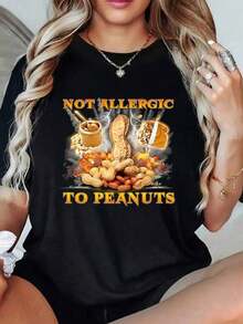 The Print Shows A Peanut Surrounded By Fire And Energy, Symbolizing Strength And Passion For Life With A Touch Of Humor. 220g Women's Casual Modern Comfortable T-Shirt - 黑色 - 查看 1
