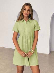 Vestido corto de un solo pecho de unicolor cómodo y casual para mujer - Verde - Ver 4