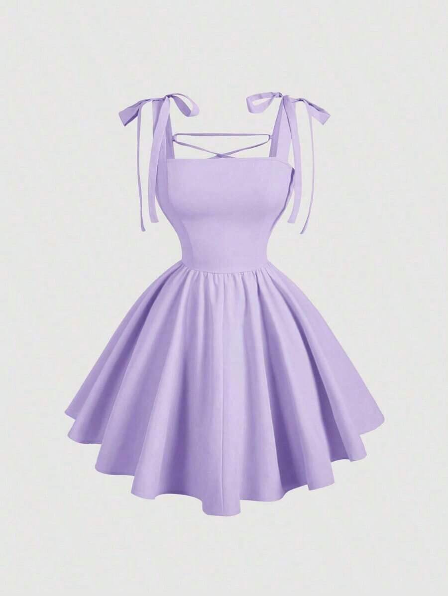 Vestido rosa romántico con espalda descubierta y lazo, adecuado para citas, fiestas, vacaciones, meriendas de té y ocasiones de cumpleaños - Lila Púrpura - Ver 1