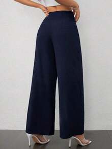 Pantalones anchos de cintura alta con textura, moda casual sencilla para la temporada de vuelta al colegio, estilo de dinero viejo para ir y venir - Azul marino - Ver 2