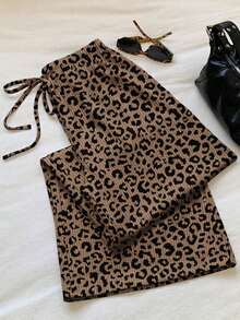 Pantalones Largos Para Mujer Con Estampado De Leopardo Y Cordón De Ajuste - Blanco 2 - Ver 2