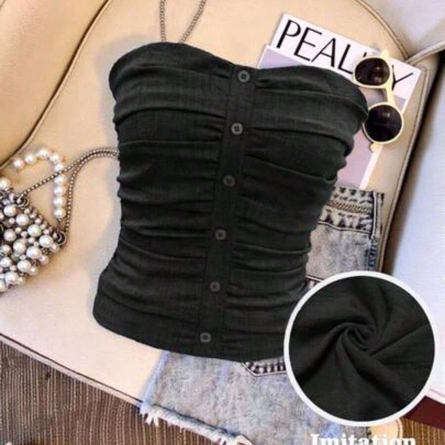 Denim Effect Ruched Decor Button Embellished Elegant Camisole Top For Women - Negro - Ver 1