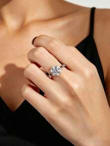 1 Peça Anel de Pedra Moissanite de Alta Qualidade, Anéis de Casais Sólidos de Cobre Premium Resistente a Desbotamento, Tamanho Ajustável - Prata - Visão 2