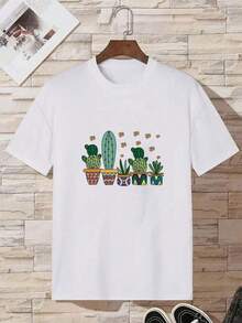 Camiseta casual de manga corta con estampado de cactus bonsái para mujer, top de verano con cuello redondo - Camiseta unisex de estilo vintage urbano, holgada, de algodón 100% puro. - Blanco - Ver 4