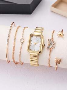 Bộ trang sức 6 món dành cho nữ tuổi teen, gồm đồng hồ vuông đính đá và 5 vòng tay, không kèm hộp quà, lý tưởng cho mùa tựu trường, kỳ nghỉ hè và đeo hàng ngày. - Vàng - Xem 3