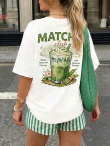 Camiseta de manga corta con estampado de club de matcha para mujer, cuello redondo con estampado doble delante y detrás, para uso diario, viajes y veranoplayeras de mujer - Blanco - Ver 4