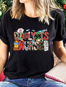 Camiseta con estampado navideño para enfermera de diálisis, manga corta, cuello redondo, top casual para verano y primavera, ropa de mujer - Negro - Ver 12
