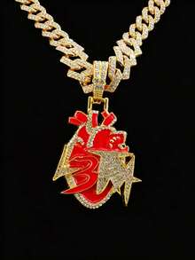 1pc Men's Iced Out Heart Pendant Necklace, Gold/Silver Color Hip Hop Style Jewelry, Street Fashion Accessory - Heart Pendant Necklace - View 7