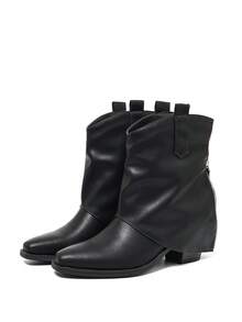 Black Zipper Decor Ankle Boots, Square Toe, Chunky Heel, Comfortable & Versatile For Office, Commute, Daily Wear, Vacation, New Spring/Autumn Fashion Mid-Calf Boots - Black - View 5