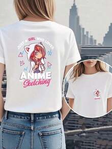 Under The Radar Women's Double-Sided Anime Girl Print T-Shirt - Modern, Stylish, Casual, And Unique - Popular In Europe And America - For Everyday Wear. - Vintage Street Style Unisex Loose Cotton Short Sleeve Crew Neck T-Shirt - 白色 - 查看 1