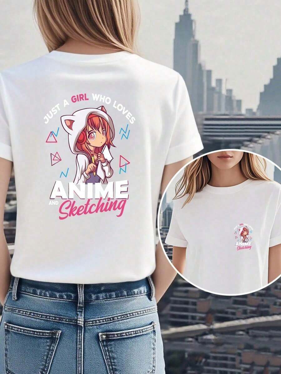 Under The Radar Women's Double-Sided Anime Girl Print T-Shirt - Modern, Stylish, Casual, And Unique - Popular In Europe And America - For Everyday Wear. - Vintage Street Style Unisex Loose Cotton Short Sleeve Crew Neck T-Shirt - 白色 - 查看 1