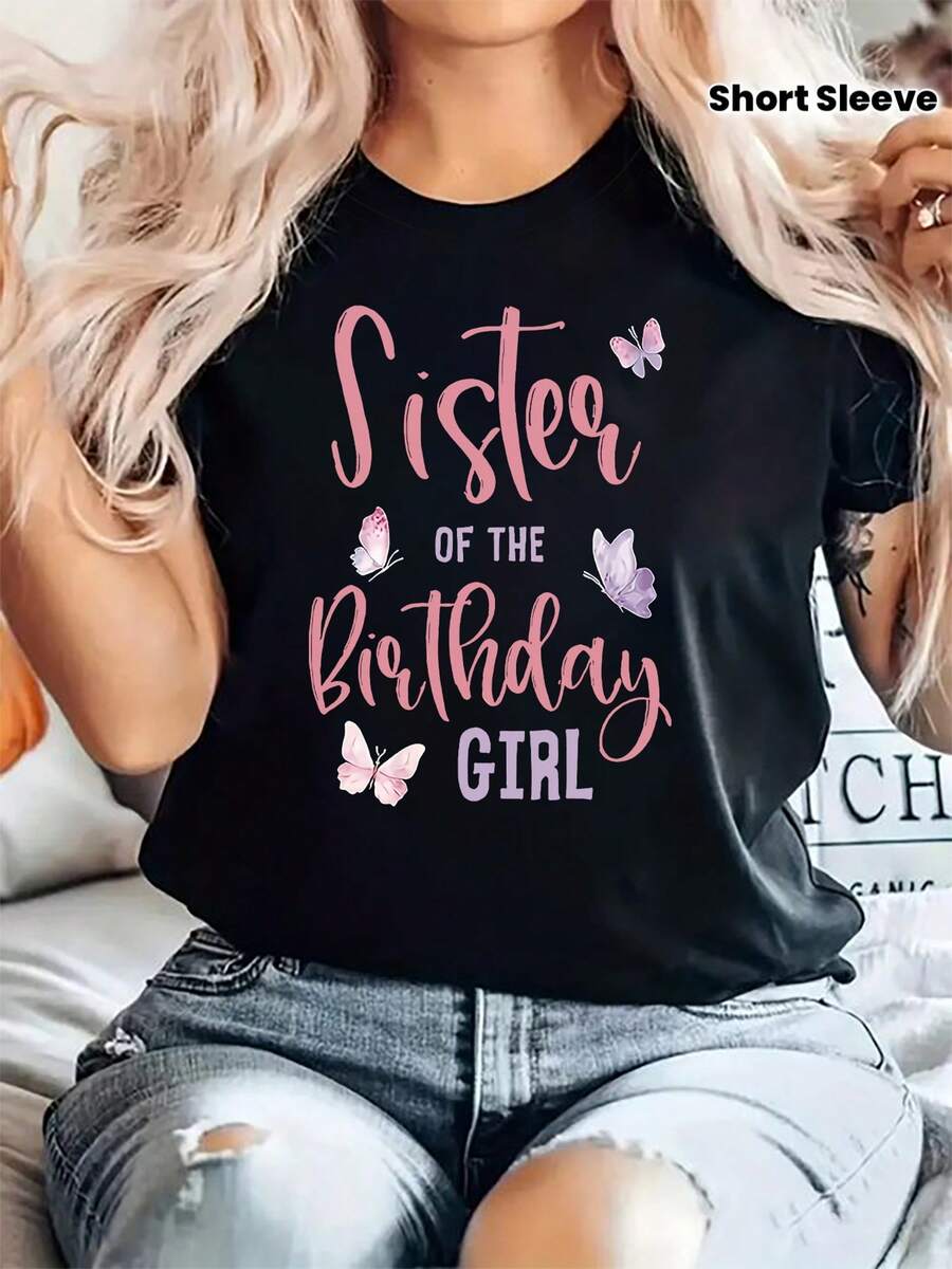 Women's Size T-Shirt With Graphic Print "Birthday Sister", Short Sleeves And Round Neck, Casual Top For Summer And Spring, Women's Clothing - 黑色 - 查看 1