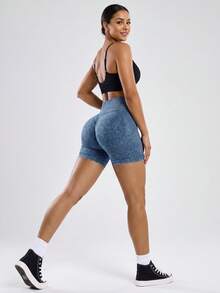 TCVC Seamless Stone Wash Biker Shorts For Women, Crossover V Waist Tummy Control Butt Lifting Yoga Shorts, 4 Colors 2 Finishes Available Sports - Aqua Blue - View 5