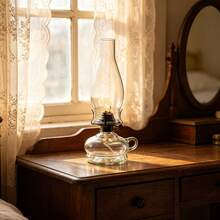 amanigo Vintage Glass Kerosene Lamp With Handle, Hurricane Lamp With Transparent Glass Chimney, Adjustable Wick, Retro Style Kerosene Lamp, Suitable For Indoor Lighting, Emergency Use, Rural Home Decor And Farmhouse Tabletop Accents - 1PC - View 1